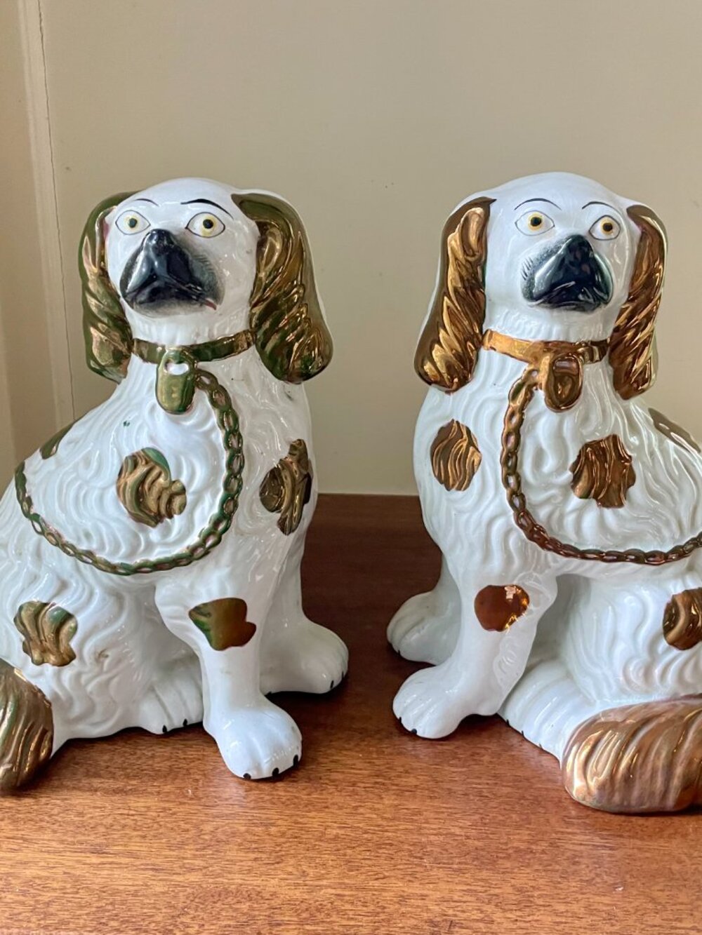 Antique Pair Staffordshire Copper Luster King Charles Spaniel Dogs 19th C 11"